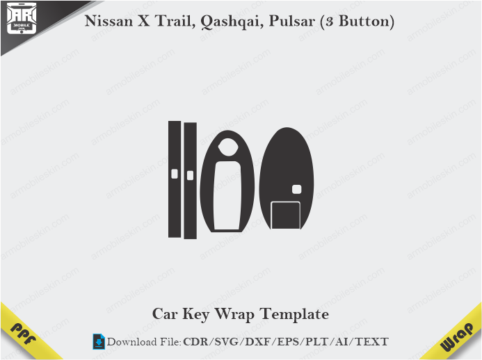Nissan X Trail, Qashqai, Pulsar (3 Button) Car Key Wrap Template Vector